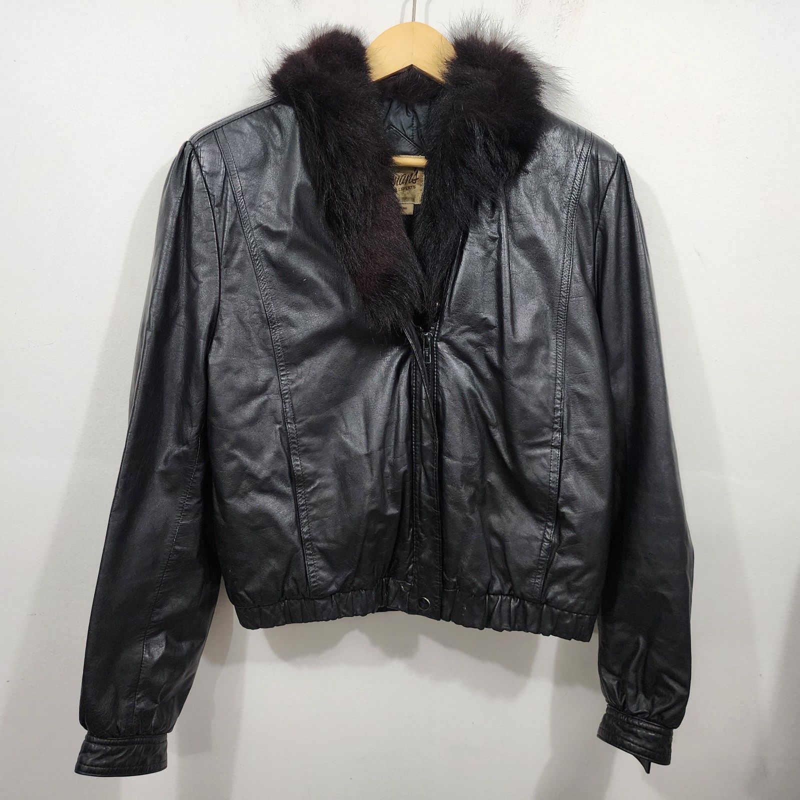 Vintage 70s Bermans Leather Jacket Foxtail Trim Bomber Outwear Black Womens 16